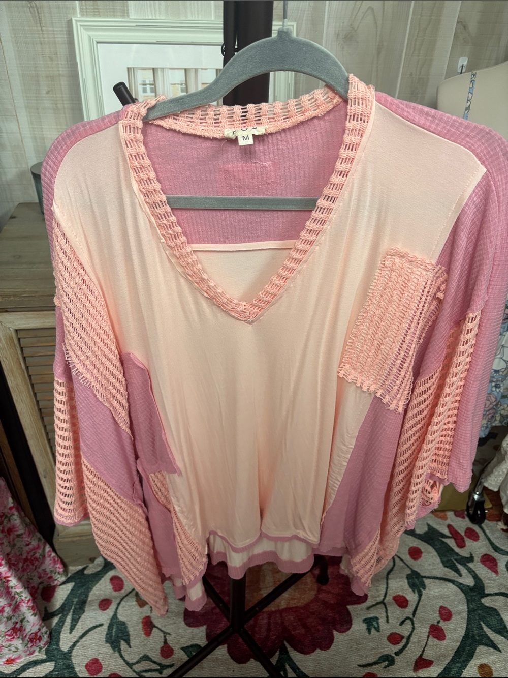 POL Pink and Peach Mixed-Knit V-Neck Top with Knit Trim